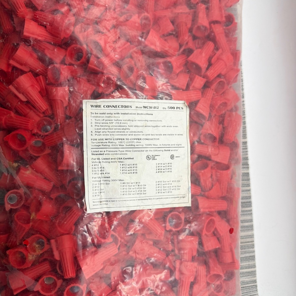 Red Wire Connectors Model WCW-H2 500 PCS Bulk Pack UL Listed CSA Certified